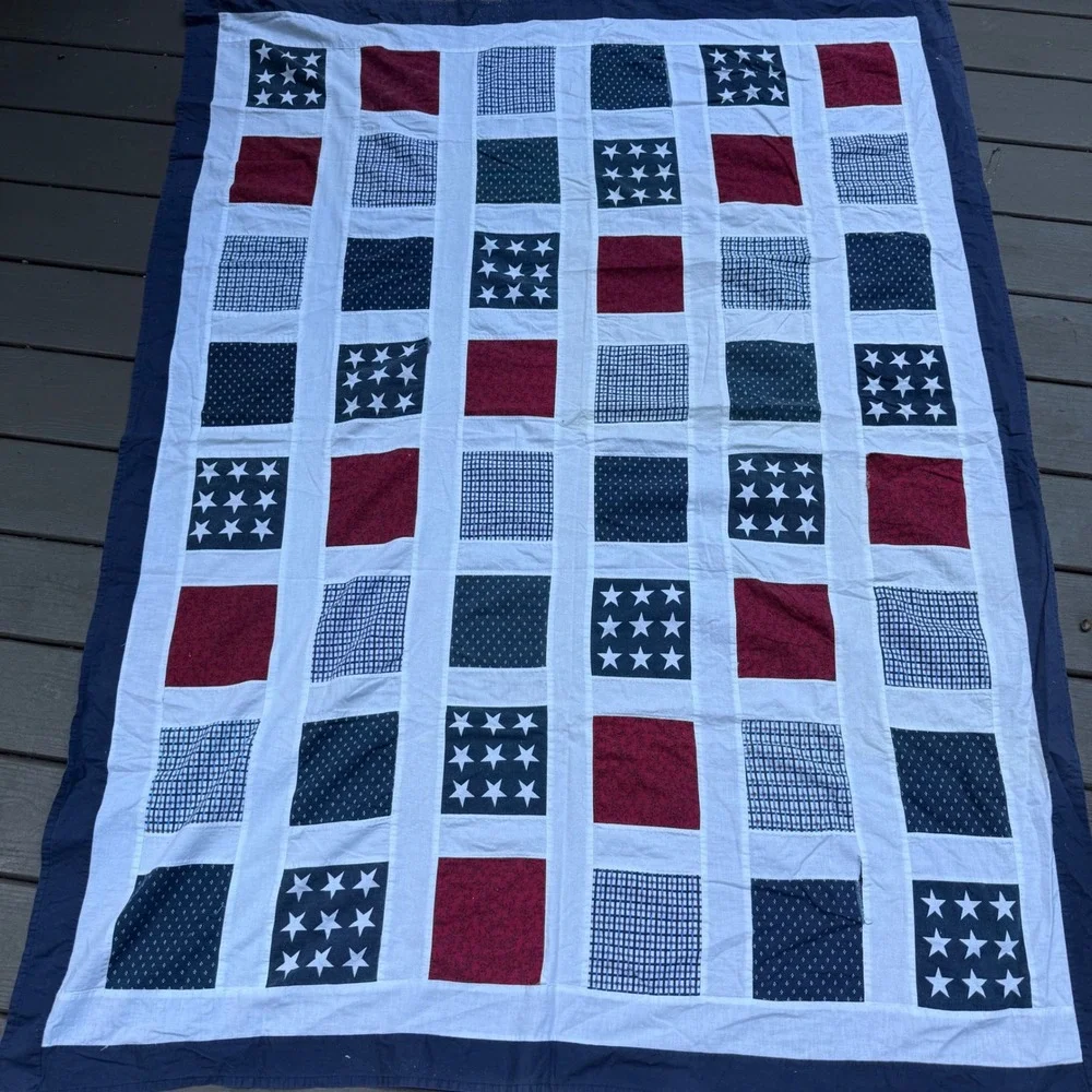 1. Handmade Patriotic Patchwork Quilt Top 70.5x54 Red White Blue Stars Americana